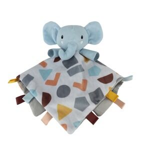 Parents Choice Blue Elephant Lovey Security Blanket Geometric Satin Back Tags